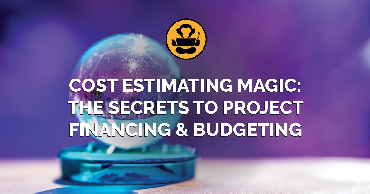 Takeoff Monkey blog article: Cost Estimating Magic: Unlocking the Secrets to Project Financing and Budgeting. Purple background with a crystal ball on a white tabletop.